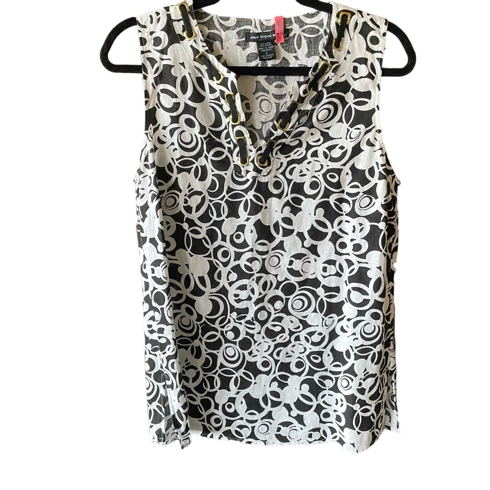 St TROPEZ West ~Women’s Linen Blend Tank Top Black and White Print Size Large - Picture 3 of 7